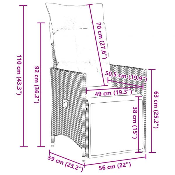 Gartensessel Verstellbar mit Kissen Schwarz Poly Rattan