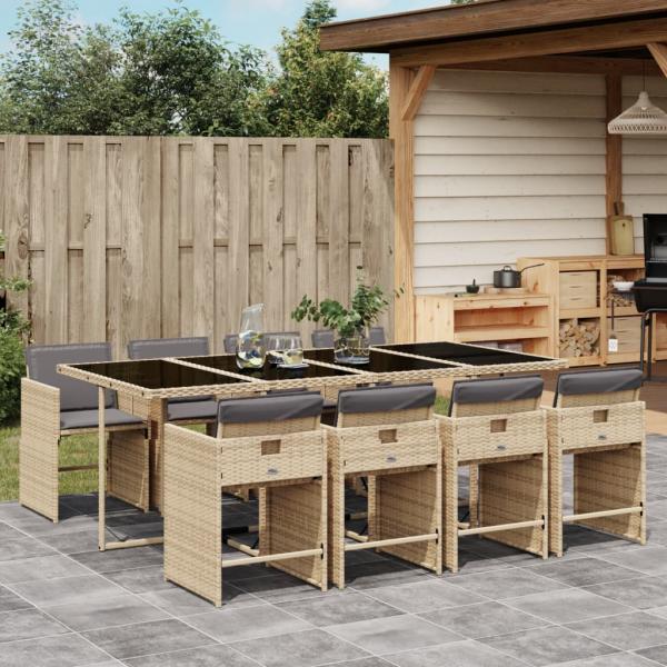 ARDEBO.de - 9-tlg. Garten-Essgruppe mit Kissen Beigemischung Poly Rattan