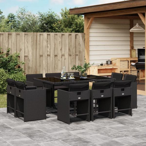 ARDEBO.de - 11-tlg. Garten-Essgruppe mit Kissen Schwarz Poly Rattan