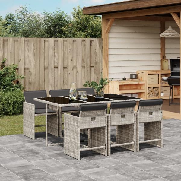 ARDEBO.de - 7-tlg. Garten-Essgruppe mit Kissen Hellgrau Poly Rattan