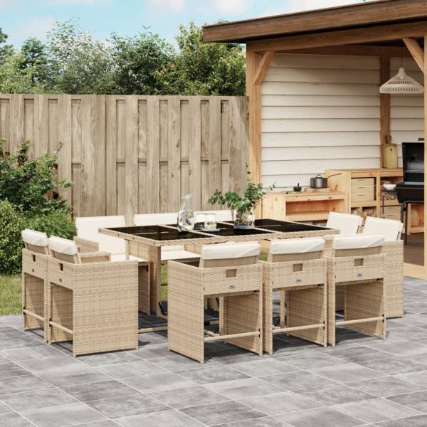 ARDEBO.de - 11-tlg. Garten-Essgruppe mit Kissen Beige Poly Rattan