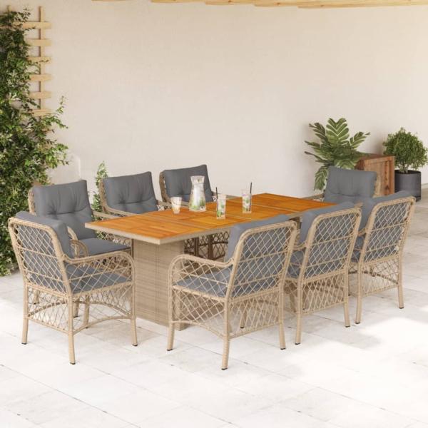 ARDEBO.de - 9-tlg. Garten-Essgruppe mit Kissen Beigemischung Poly Rattan