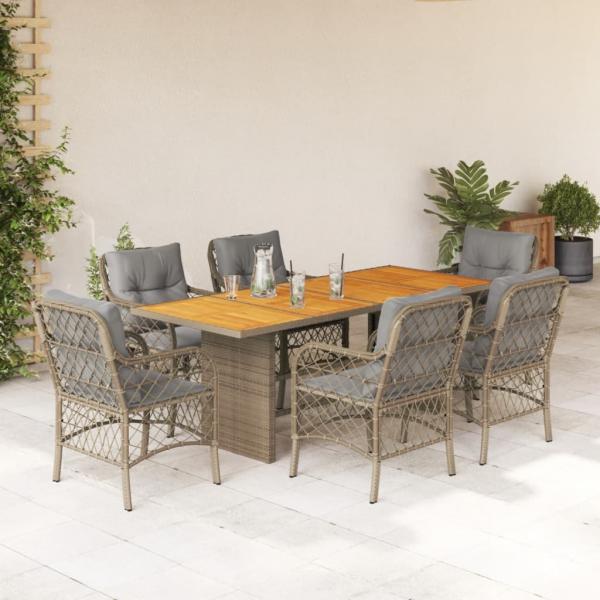 ARDEBO.de - 7-tlg. Garten-Essgruppe mit Kissen Beigemischung Poly Rattan