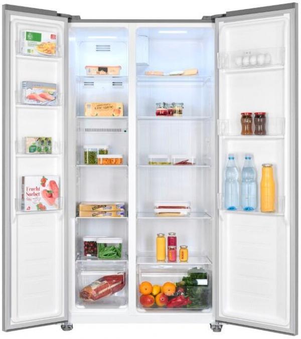 Exquisit SBS46-040E Stand Side-by-Side Kombination, 91 cm breit, 442 L, NoFrost, LED Beleuchtung, Temperaturregelung, Umluftventilator, Schnellkühlen und Schnellgefrieren, Edelstahloptik
