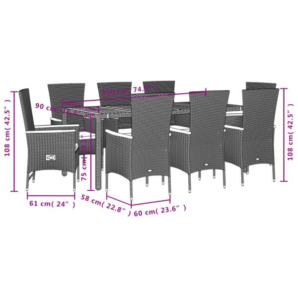 9-tlg. Garten-Essgruppe mit Kissen Schwarz Poly Rattan