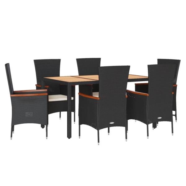 7-tlg. Garten-Essgruppe mit Kissen Schwarz Poly Rattan