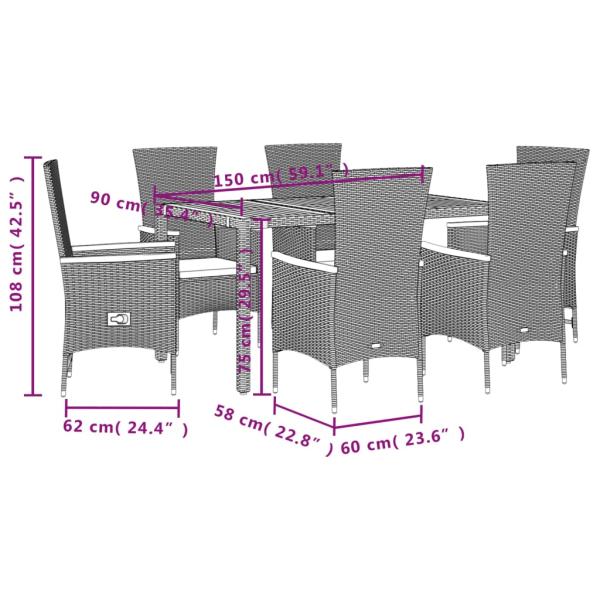 7-tlg. Garten-Essgruppe mit Kissen Schwarz Poly Rattan