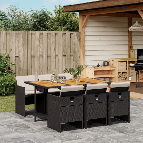 ARDEBO.de - 7-tlg. Garten-Essgruppe mit Kissen Schwarz Poly Rattan