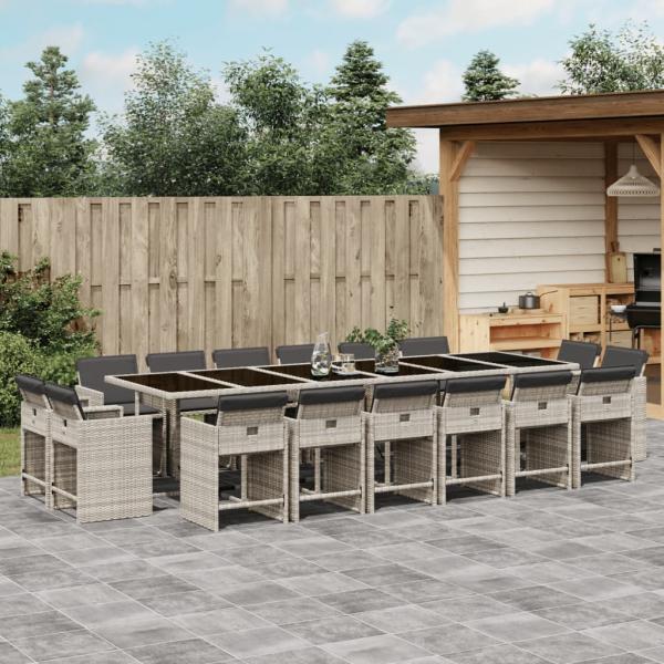 ARDEBO.de - 17-tlg. Garten-Essgruppe mit Kissen Hellgrau Poly Rattan
