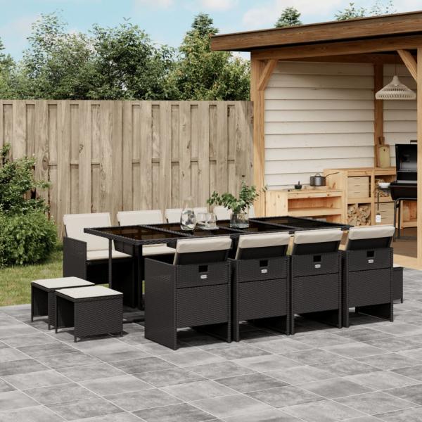 ARDEBO.de - 13-tlg. Garten-Essgruppe mit Kissen Schwarz Poly Rattan