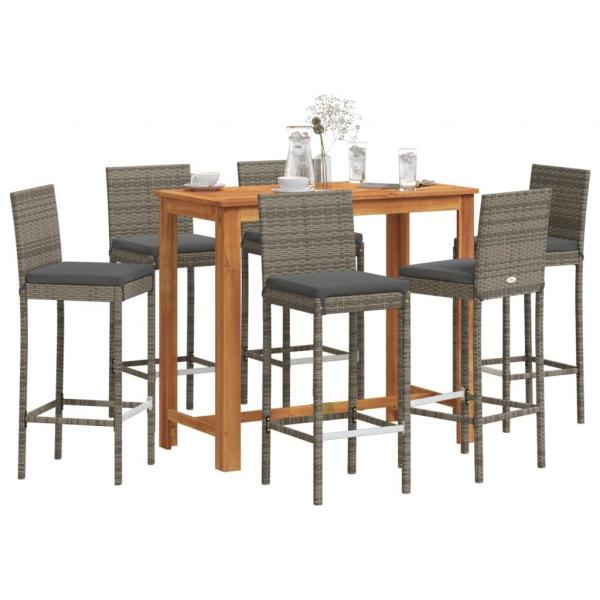 ARDEBO.de - 7-tlg. Gartenbar-Set Grau Massivholz Akazie und Poly Rattan