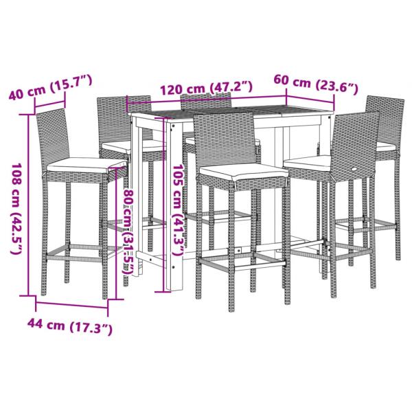 7-tlg. Gartenbar-Set Grau Massivholz Akazie und Poly Rattan
