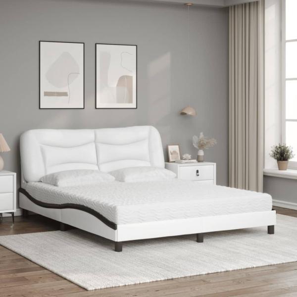 Bett mit Matratze Weiß und Schwarz 160x200 cm Kunstleder