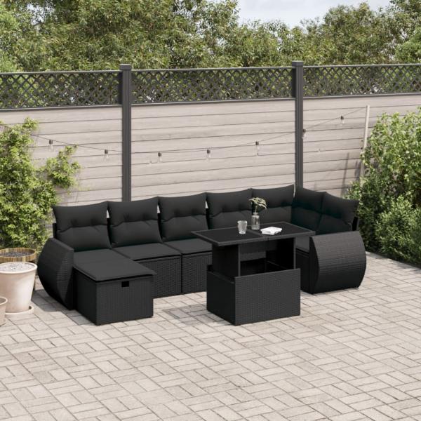 ARDEBO.de - 8-tlg. Garten-Sofagarnitur mit Kissen Schwarz Poly Rattan