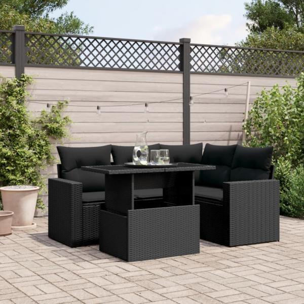 ARDEBO.de - 5-tlg. Garten-Sofagarnitur mit Kissen Schwarz Poly Rattan