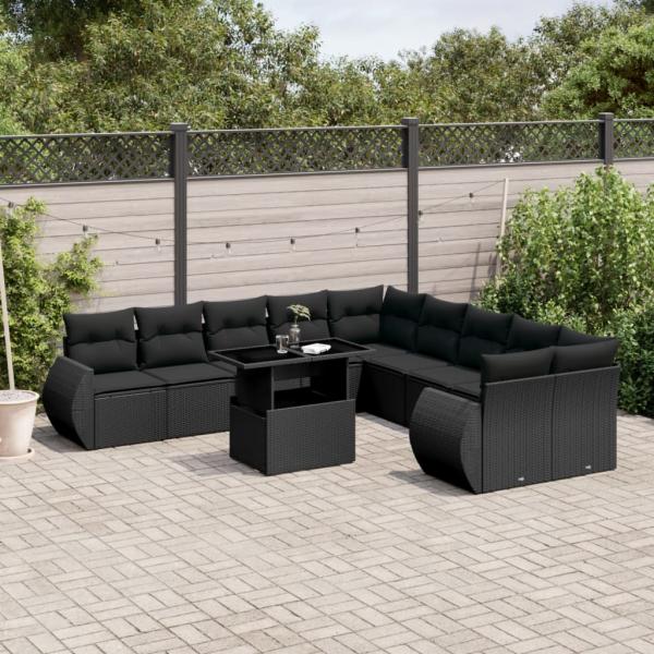 ARDEBO.de - 11-tlg. Garten-Sofagarnitur mit Kissen Schwarz Poly Rattan
