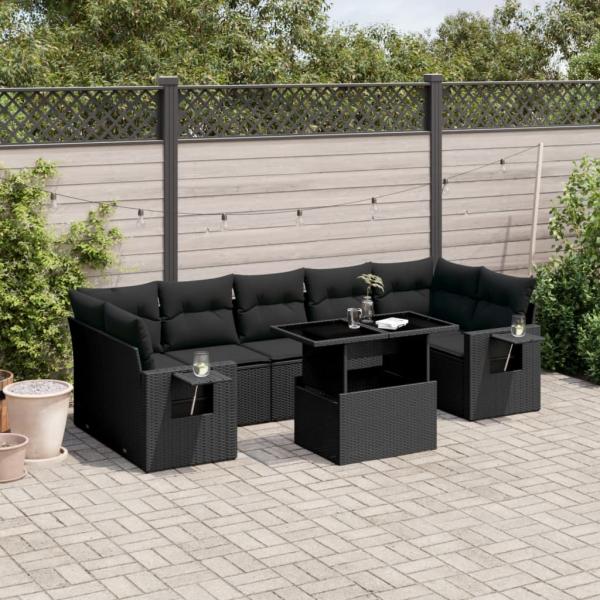 ARDEBO.de - 8-tlg. Garten-Sofagarnitur mit Kissen Schwarz Poly Rattan