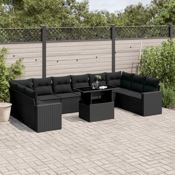 ARDEBO.de - 11-tlg. Garten-Sofagarnitur mit Kissen Schwarz Poly Rattan