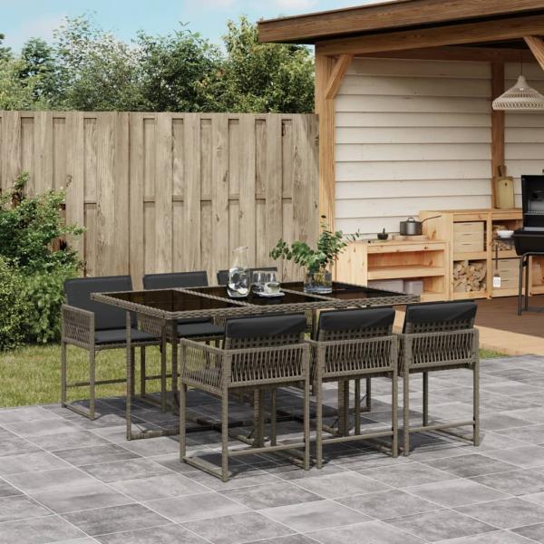 ARDEBO.de - 7-tlg. Garten-Essgruppe mit Kissen Grau Poly Rattan