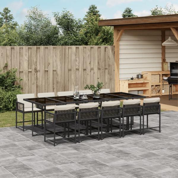 ARDEBO.de - 11-tlg. Garten-Essgruppe mit Kissen Schwarz Poly Rattan