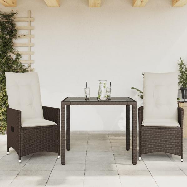 ARDEBO.de - 3-tlg. Bistro-Set mit Kissen Braun Poly Rattan