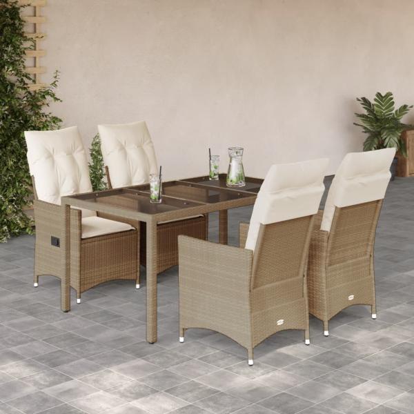 ARDEBO.de - 5-tlg. Garten-Essgruppe mit Kissen Beige Poly Rattan