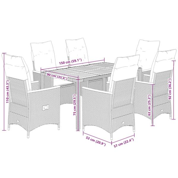 7-tlg. Garten-Essgruppe mit Kissen Schwarz Poly Rattan