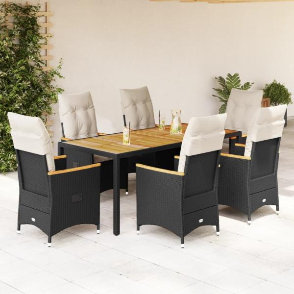 ARDEBO.de - 7-tlg. Garten-Essgruppe mit Kissen Schwarz Poly Rattan
