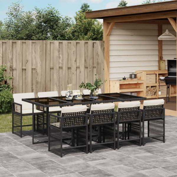 ARDEBO.de - 9-tlg. Garten-Essgruppe mit Kissen Schwarz Poly Rattan