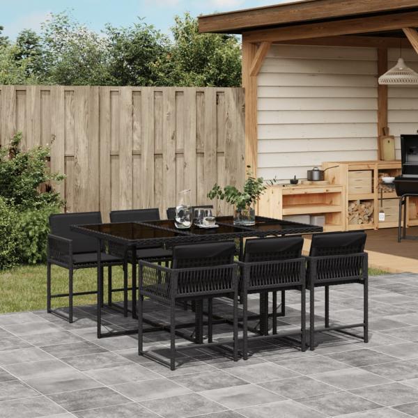ARDEBO.de - 7-tlg. Garten-Essgruppe mit Kissen Schwarz Poly Rattan