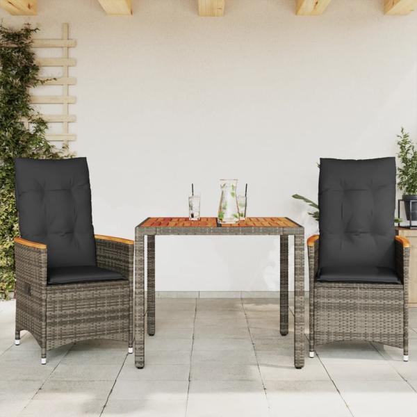 ARDEBO.de - 3-tlg. Bistro-Set mit Kissen Grau Poly Rattan