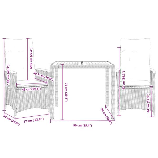 3-tlg. Bistro-Set mit Kissen Grau Poly Rattan