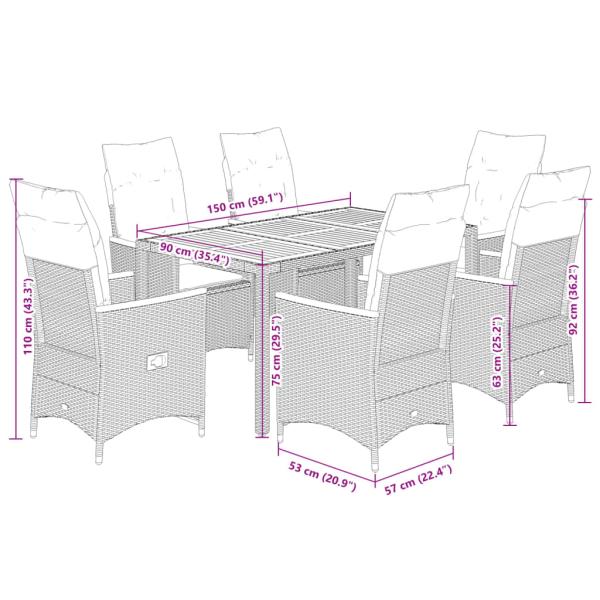7-tlg. Garten-Essgruppe mit Kissen Schwarz Poly Rattan
