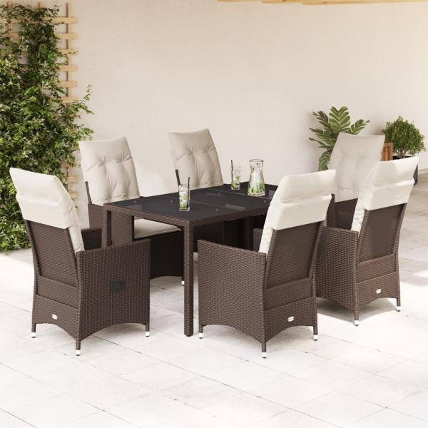 ARDEBO.de - 7-tlg. Garten-Essgruppe mit Kissen Braun Poly Rattan