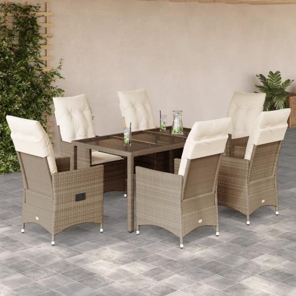 ARDEBO.de - 7-tlg. Garten-Essgruppe mit Kissen Beige Poly Rattan