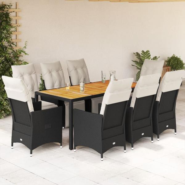 ARDEBO.de - 9-tlg. Garten-Essgruppe mit Kissen Schwarz Poly Rattan