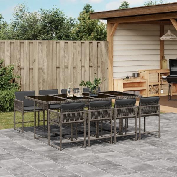 ARDEBO.de - 9-tlg. Garten-Essgruppe mit Kissen Grau Poly Rattan
