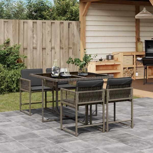 ARDEBO.de - 5-tlg. Garten-Essgruppe mit Kissen Grau Poly Rattan