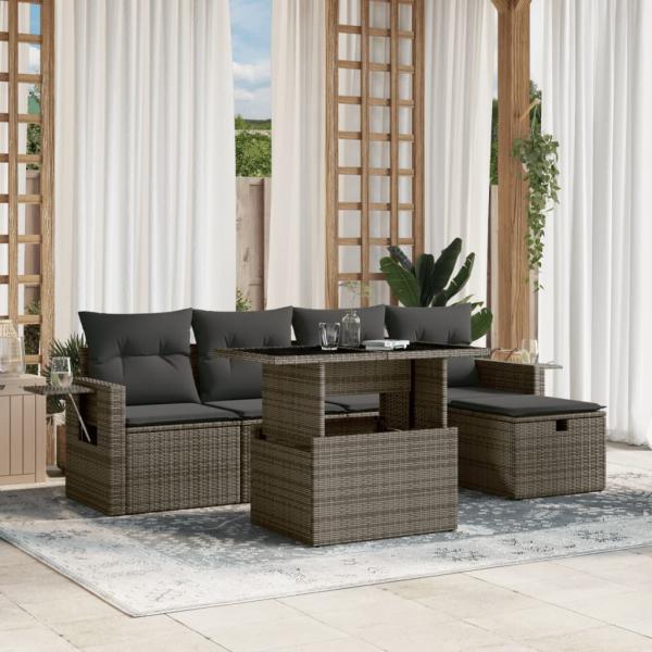 ARDEBO.de - 6-tlg. Garten-Sofagarnitur mit Kissen Grau Poly Rattan