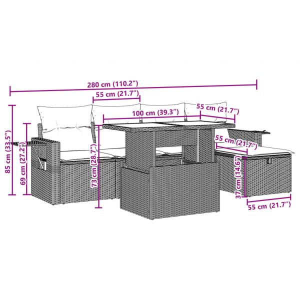 6-tlg. Garten-Sofagarnitur mit Kissen Grau Poly Rattan