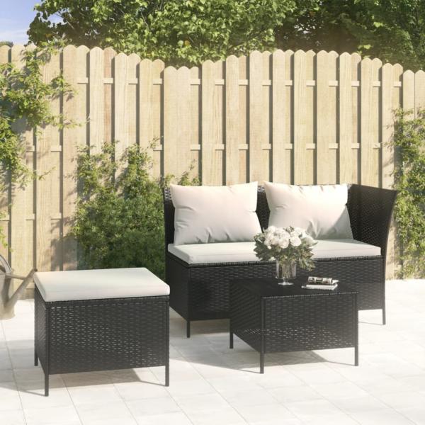 ARDEBO.de - 3-tlg. Garten-Lounge-Set mit Kissen Schwarz Poly Rattan