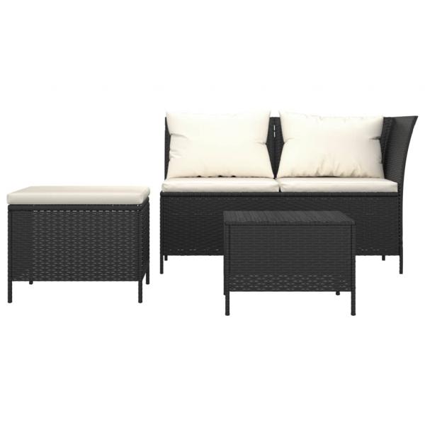 3-tlg. Garten-Lounge-Set mit Kissen Schwarz Poly Rattan