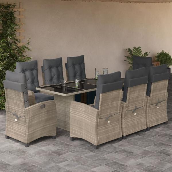 ARDEBO.de - 9-tlg. Garten-Essgruppe mit Kissen Hellgrau Poly Rattan