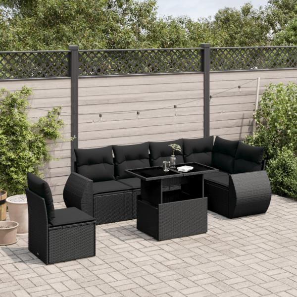 ARDEBO.de - 7-tlg. Garten-Sofagarnitur mit Kissen Schwarz Poly Rattan