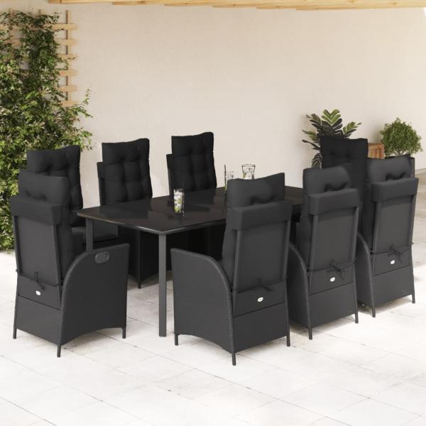 ARDEBO.de - 9-tlg. Garten-Essgruppe mit Kissen Schwarz Poly Rattan
