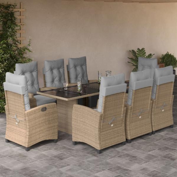 ARDEBO.de - 9-tlg. Garten-Essgruppe mit Kissen Beigemischung Poly Rattan
