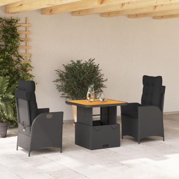 ARDEBO.de - 3-tlg. Garten-Essgruppe mit Kissen Schwarz Poly Rattan