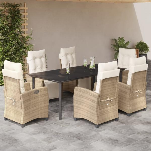 ARDEBO.de - 7-tlg. Garten-Essgruppe mit Kissen Beige Poly Rattan