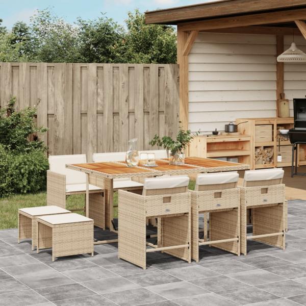 ARDEBO.de - 11-tlg. Garten-Essgruppe mit Kissen Beige Poly Rattan