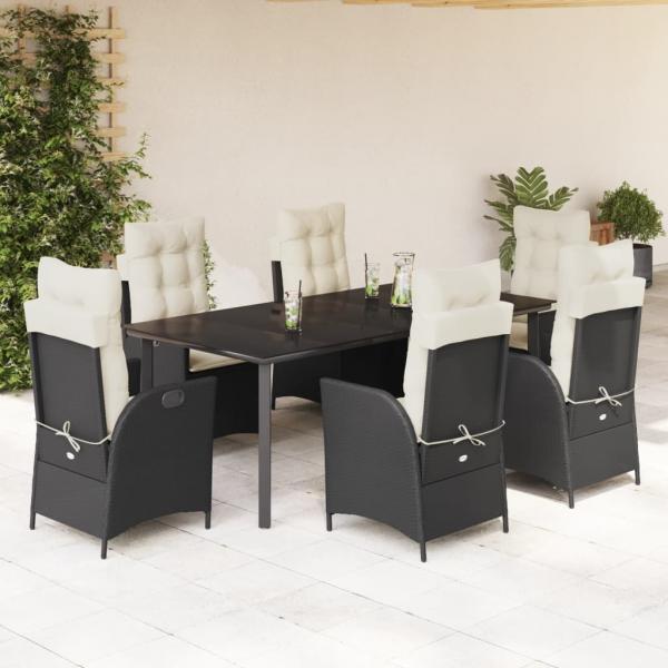 ARDEBO.de - 7-tlg. Garten-Essgruppe mit Kissen Schwarz Poly Rattan